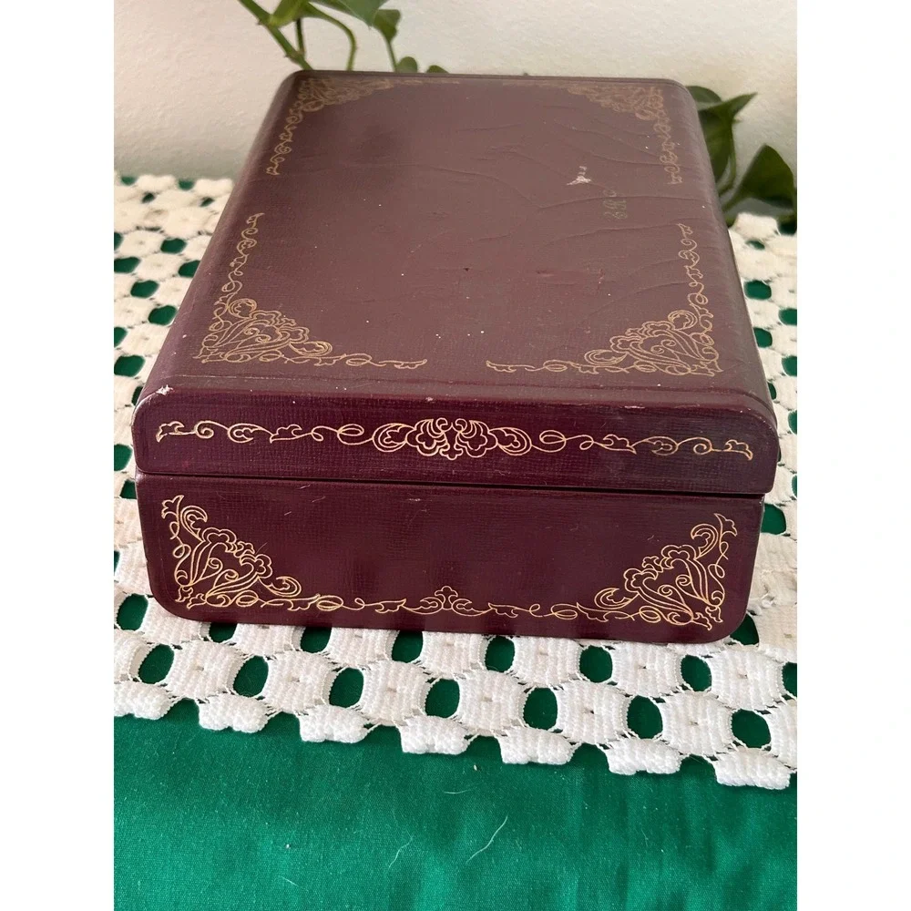 Vintage Farrington Faux‎ Leather Jewelry Box Set Gold Filigree Monogram with Key